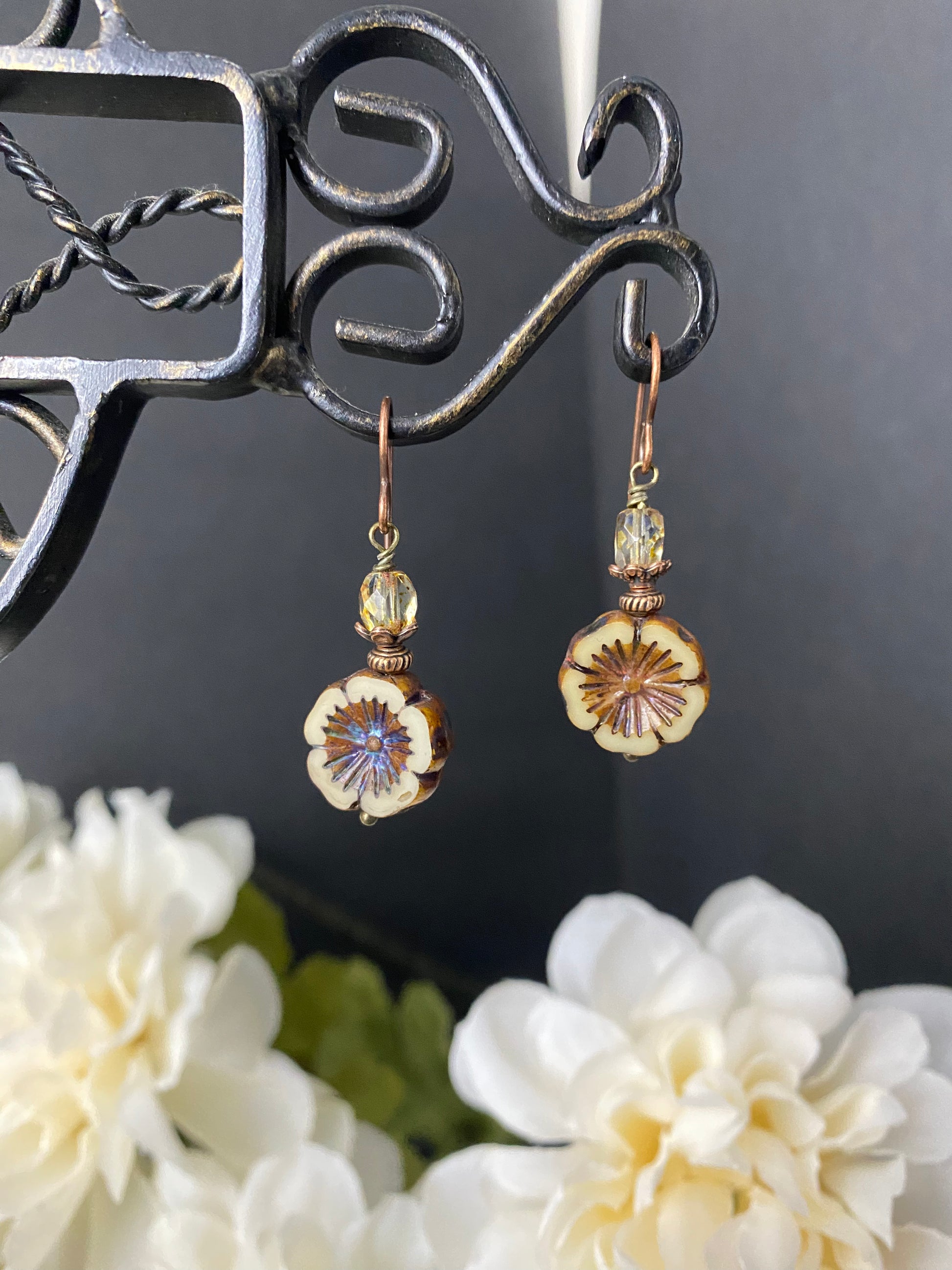 Off white Flower Czech glass, picssso glass, small earrings, and copper metal earrings. - Andria Bieber Designs 