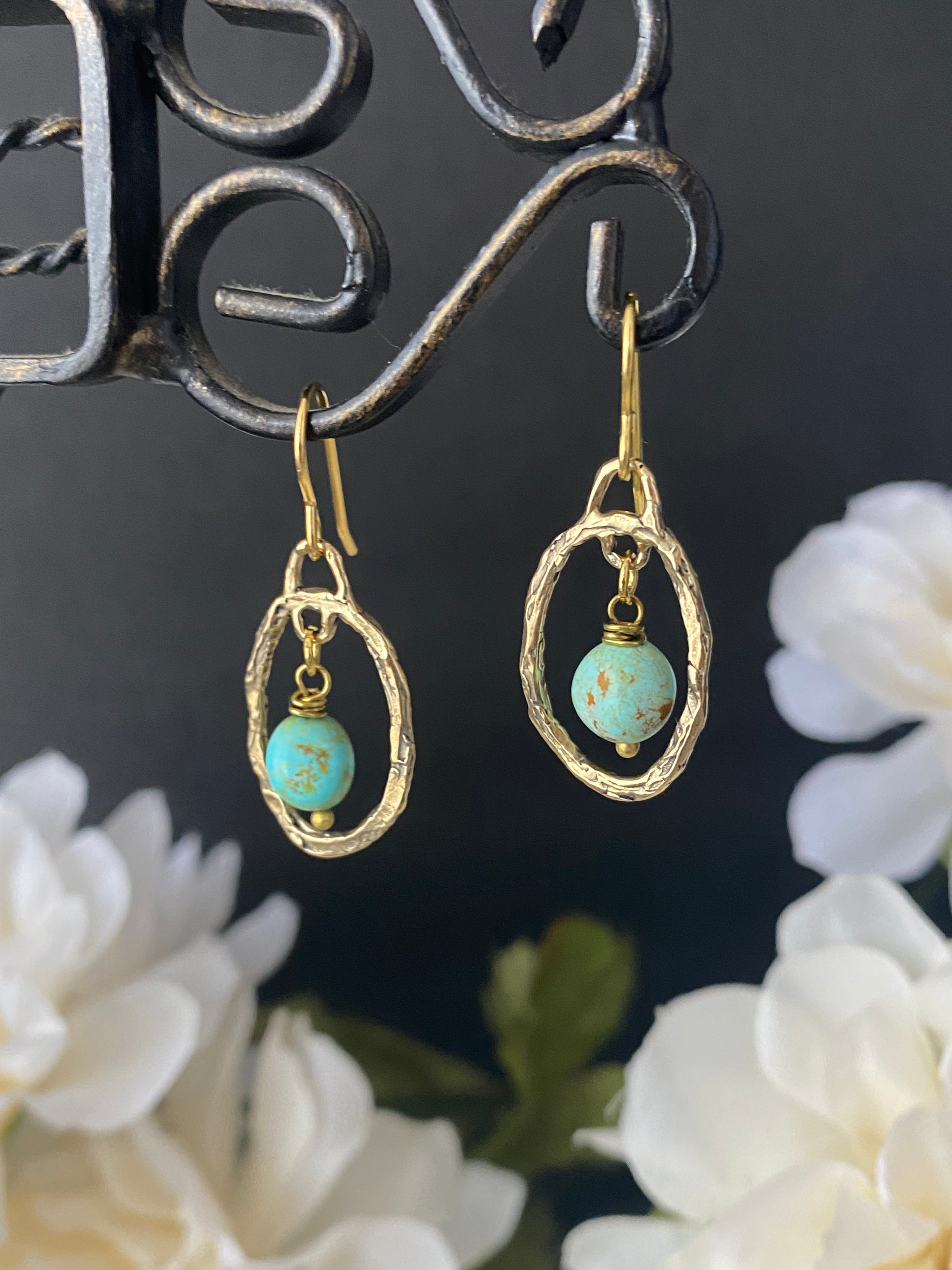 Bronze handmade charms with Kingman turquoise, brass metal, earrings - Andria Bieber Designs 