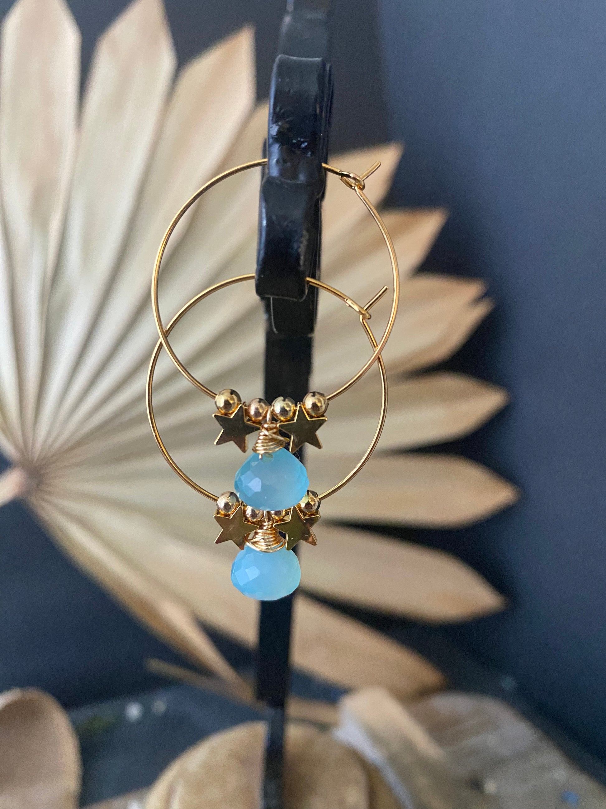 Blue chalcedony stone, gold hoop, stars, earrings. - Andria Bieber Designs 