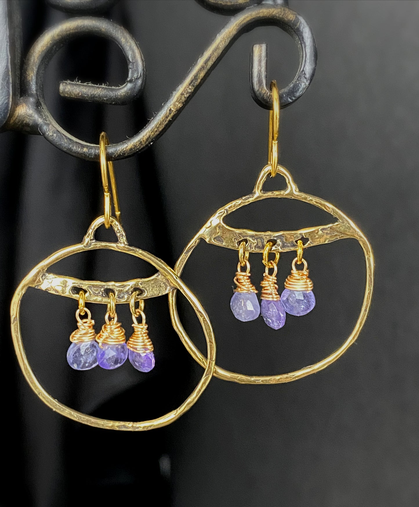 Gold hammered hoops, Iolite stone, earrings, jewelry