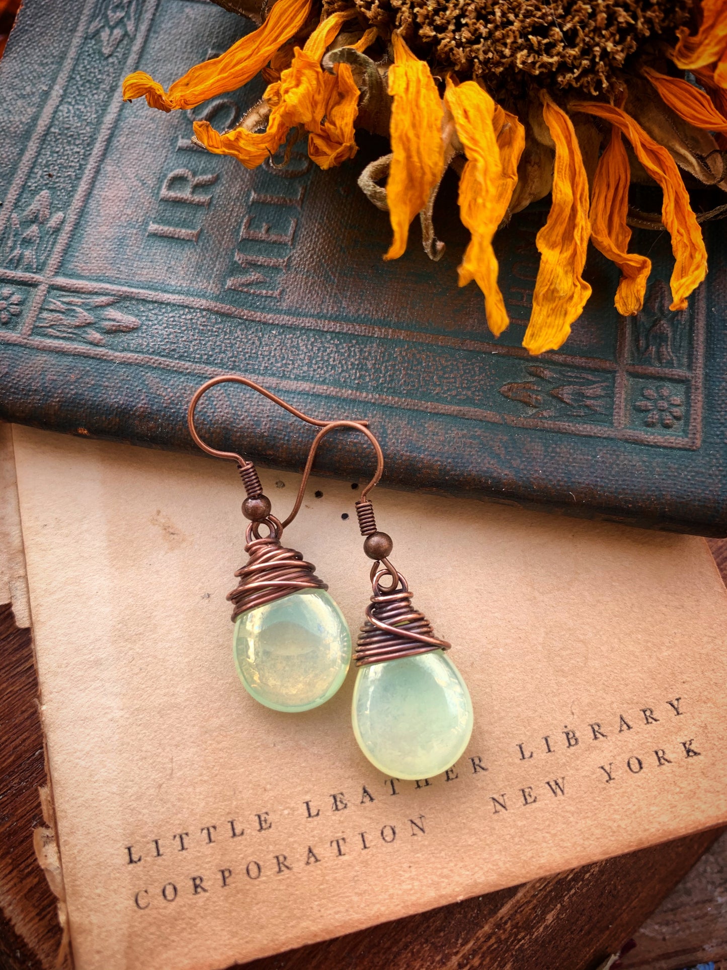 Yellow shiny teardrop Czech glass and copper wire wrapped earrings. - Andria Bieber Designs 