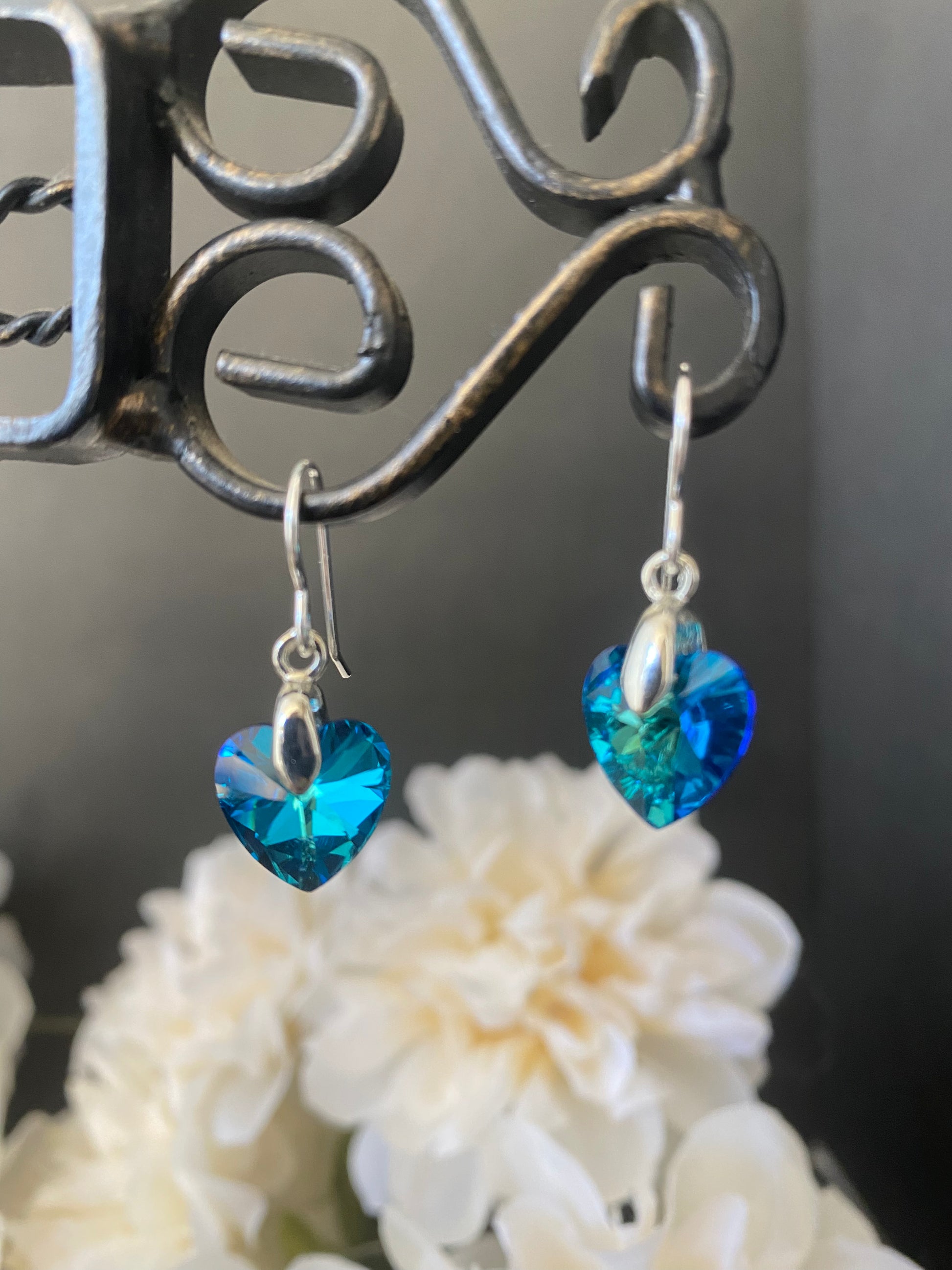Blue crystal Silver heart charm and silver metal, earrings, jewelry. - Andria Bieber Designs 