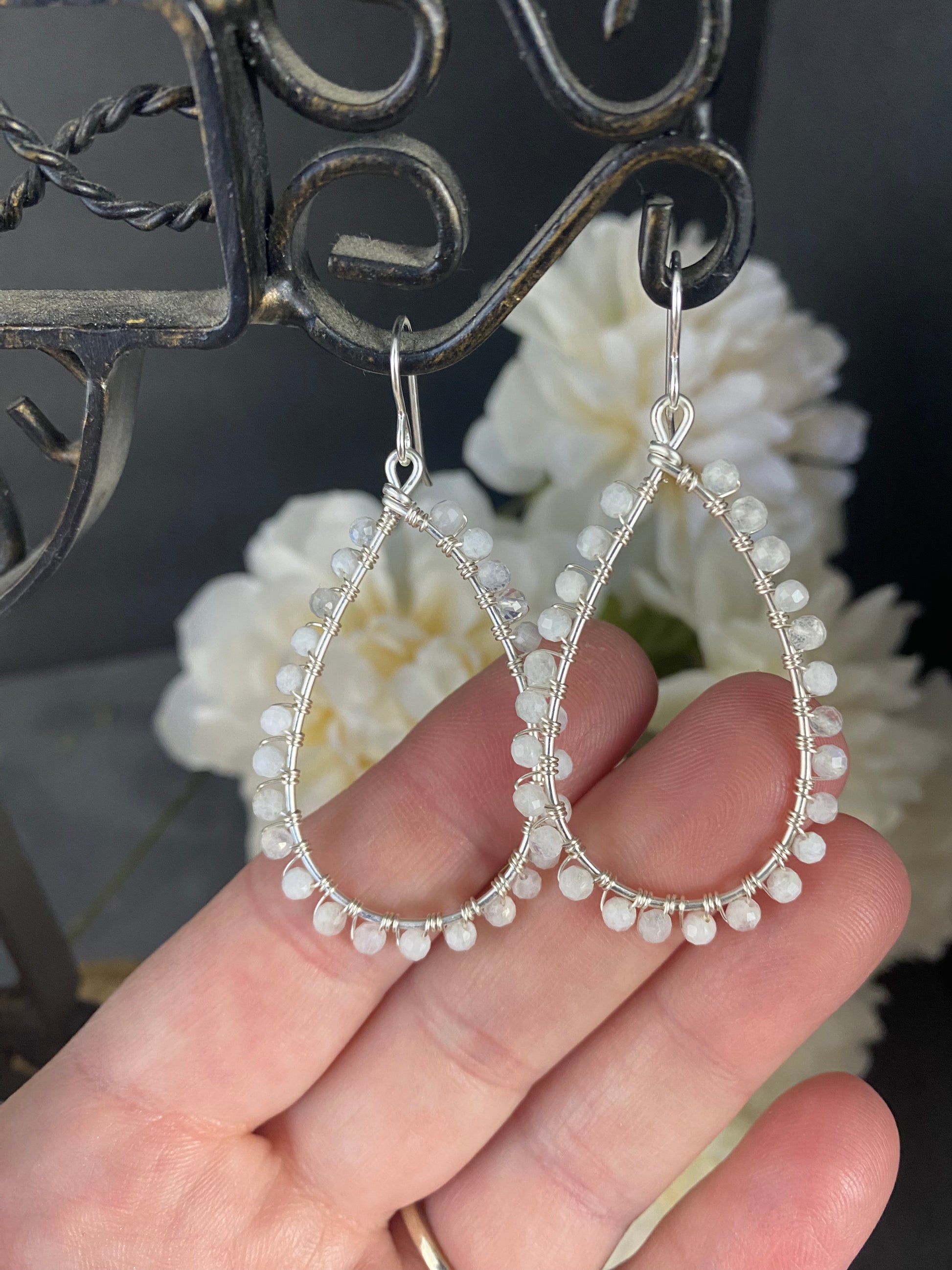 Moonstone stone, silver teardrop hoop earrings, jewelry - Andria Bieber Designs 