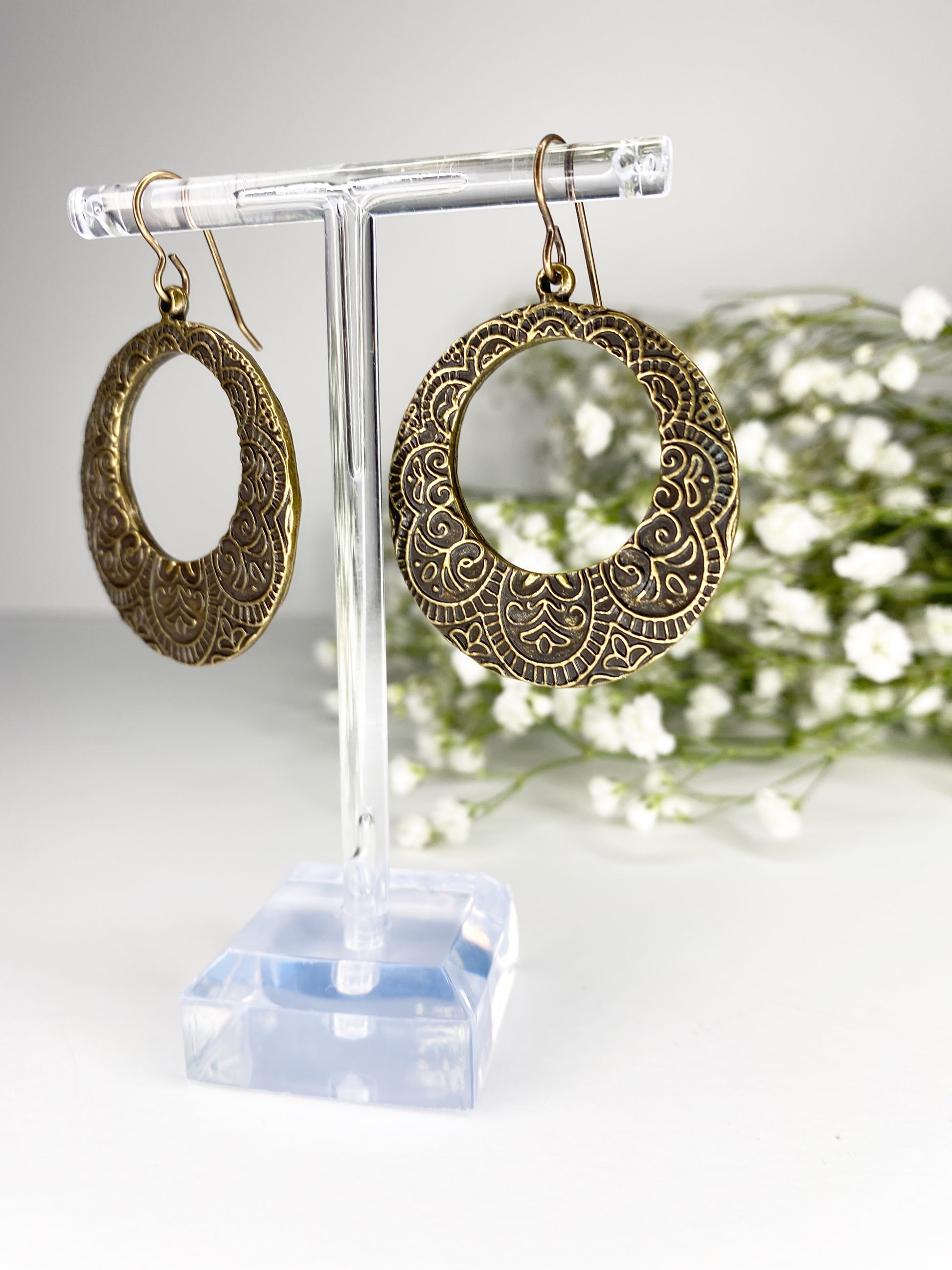 Bronze filigree hoop charm earrings, Bronze metal, jewelry - Andria Bieber Designs 