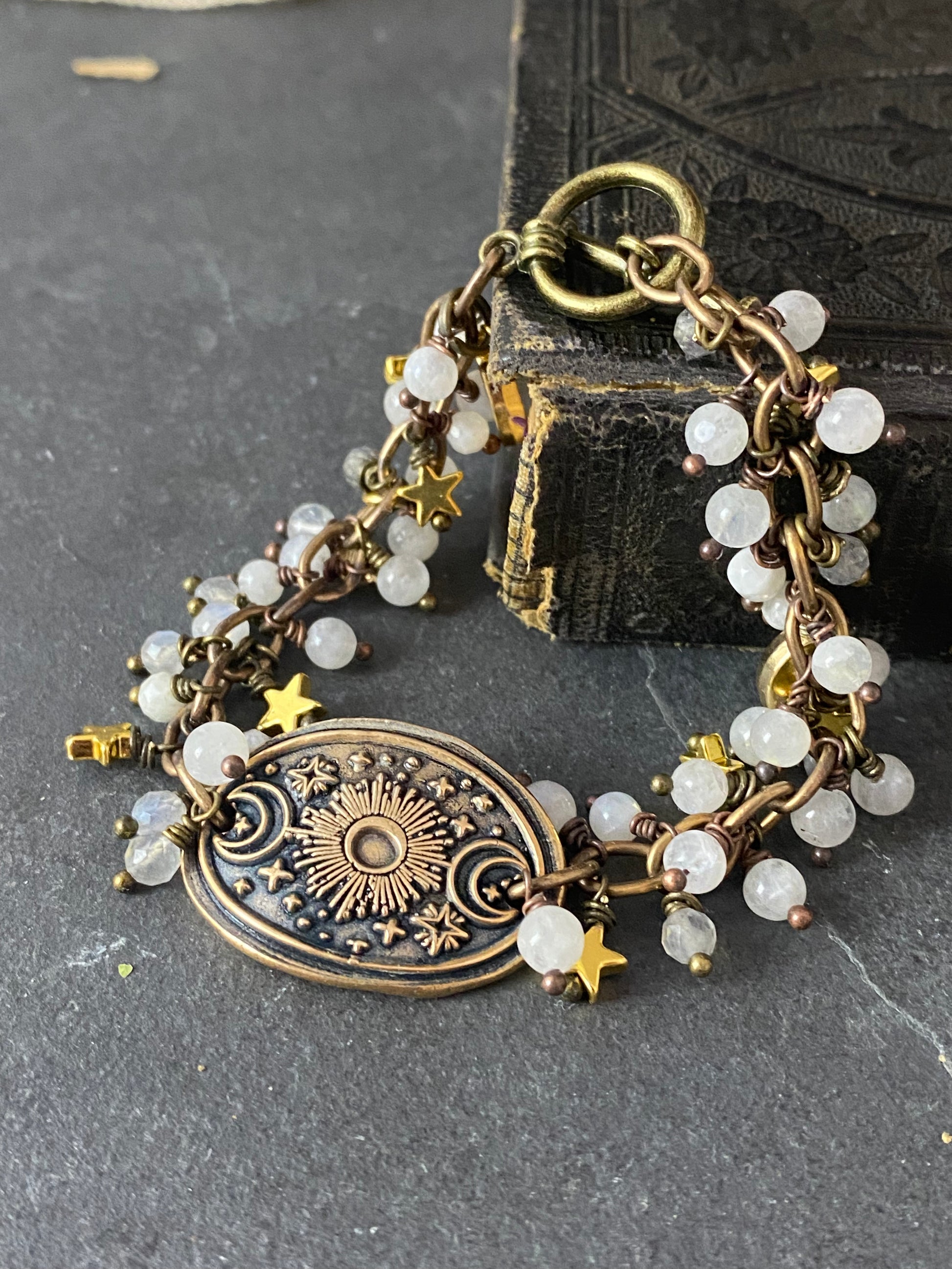 Moonstone, moons and stars. Moonstone, celestial cuff, bracelet , jewelry - Andria Bieber Designs 
