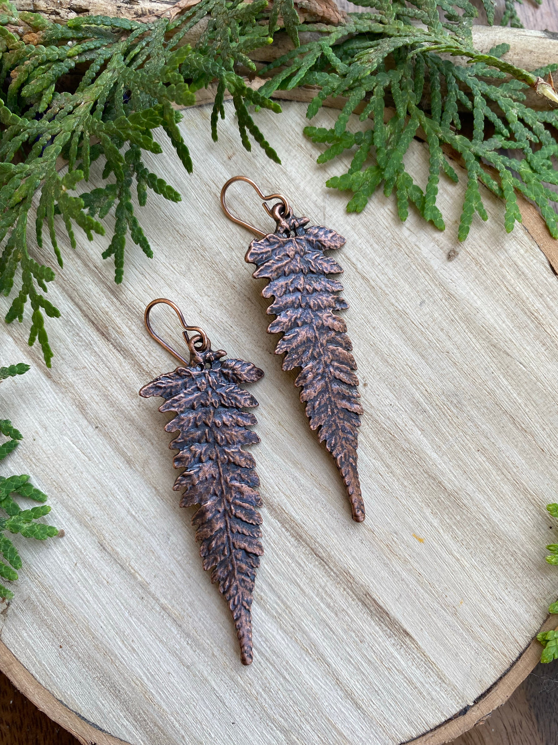 Ferns. Fern detailed copper charm earrings. Andria Bieber Designs