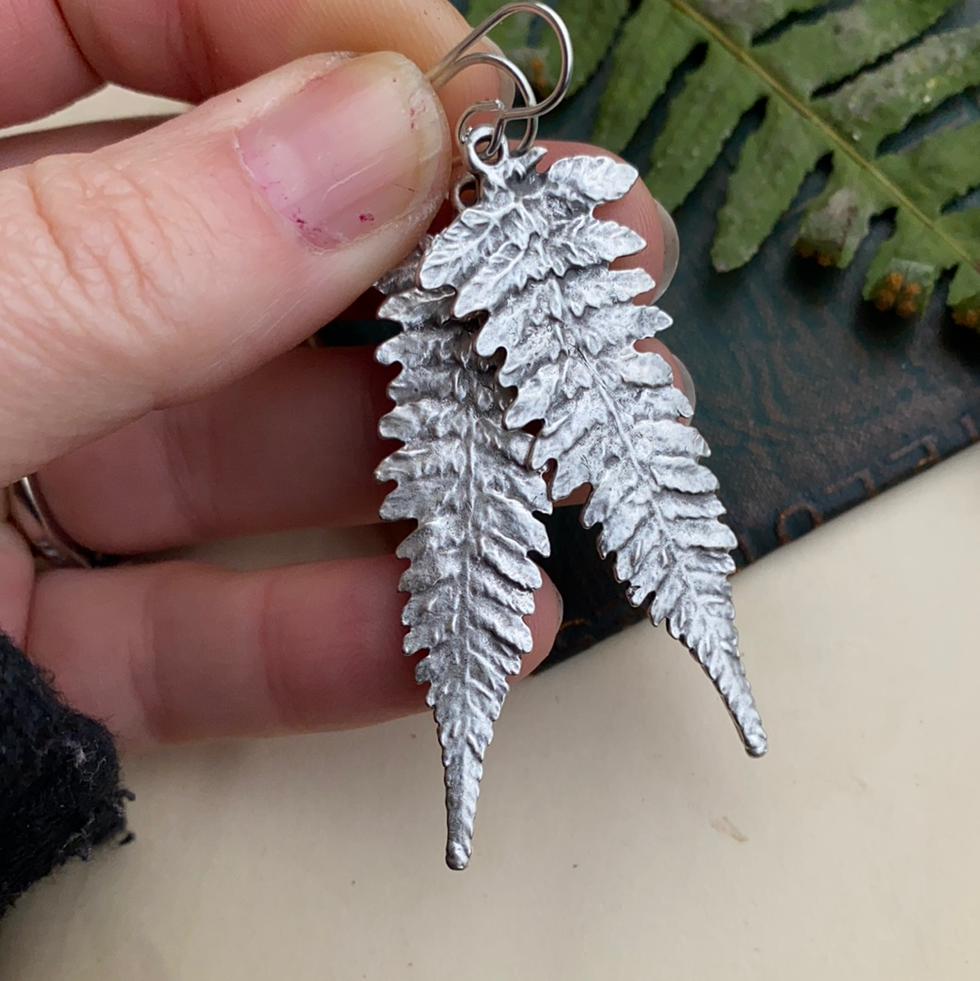 Ferns. Fern detailed silver charm sterling silver earrings. - Andria Bieber Designs 