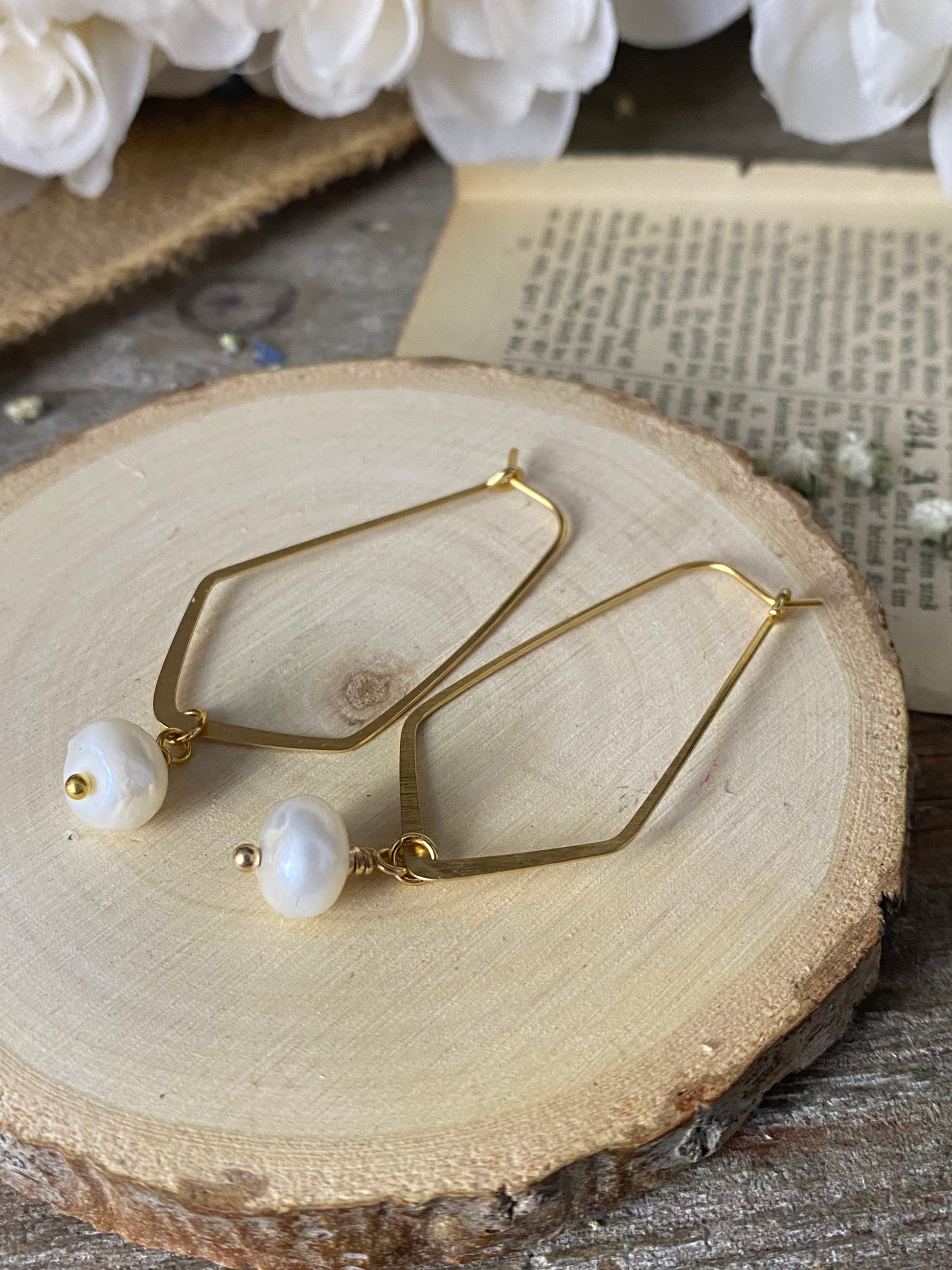 Pearls, 10k gold metal hoop earrings - Andria Bieber Designs 