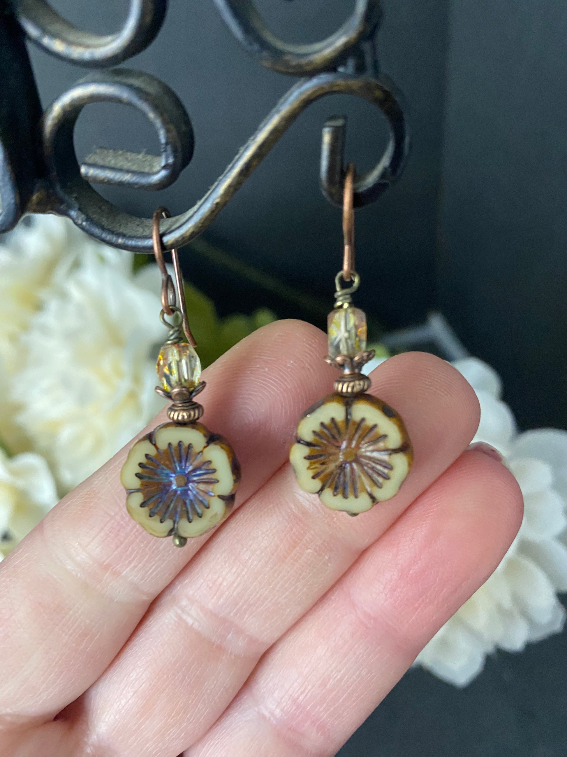 Off white Flower Czech glass, picssso glass, small earrings, and copper metal earrings. - Andria Bieber Designs 