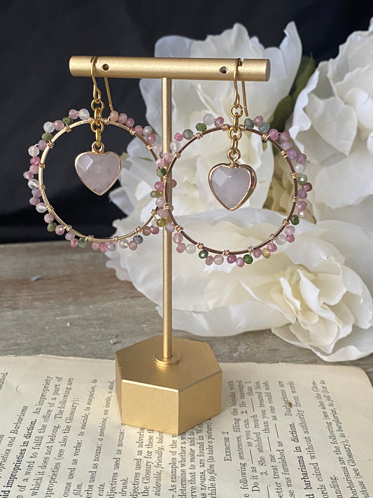 Rose quartz stone, tourmaline stone, gold hoops, earrings, jewelry