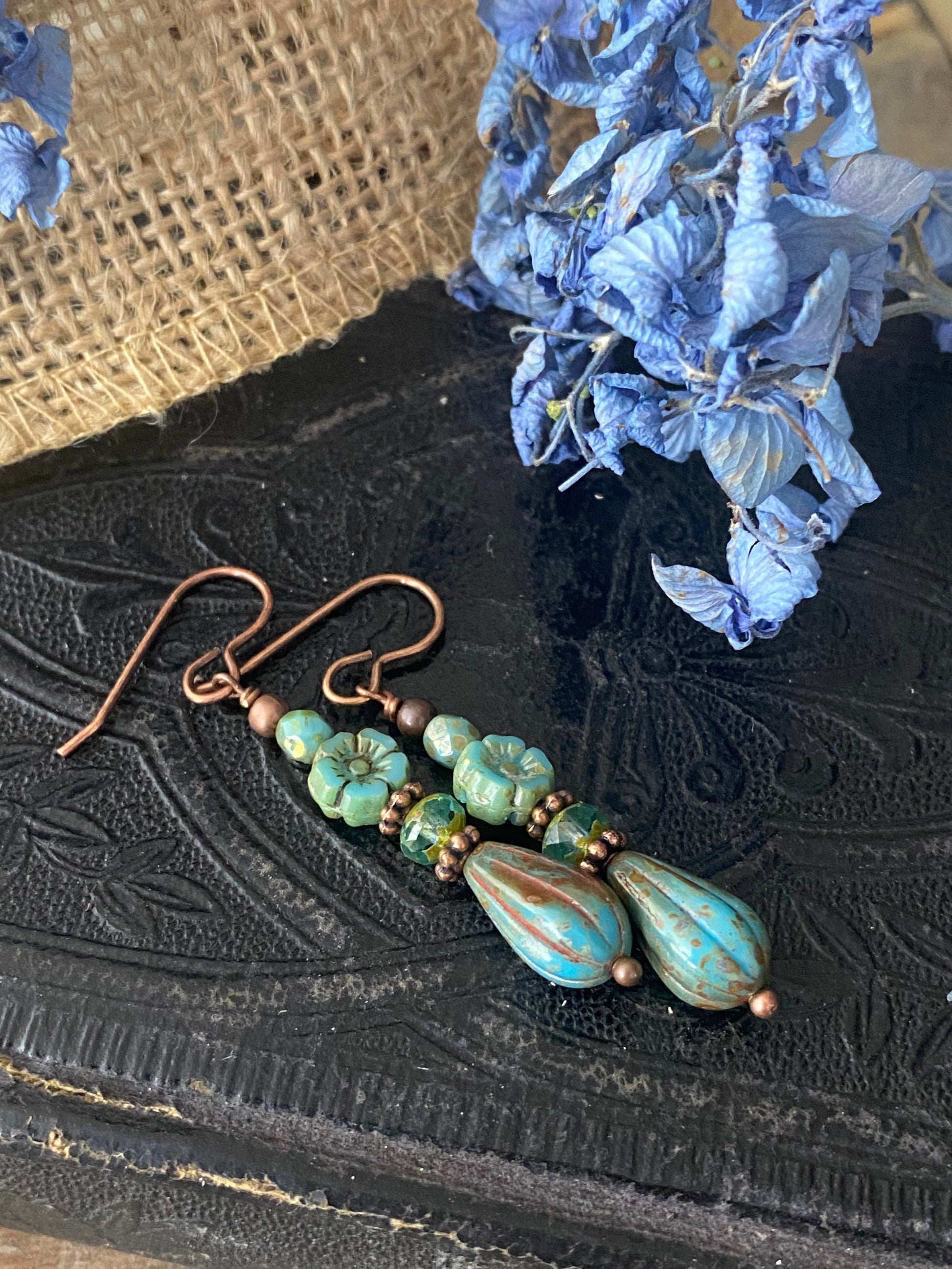 Blue floral Czech glass, copper metal, earrings - Andria Bieber Designs 