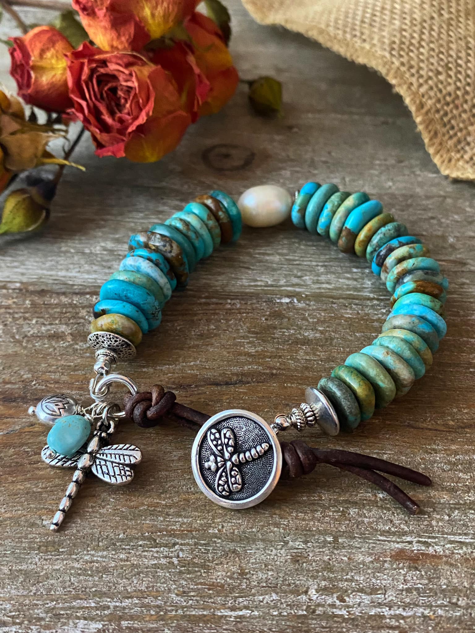 Turquoise stone, pearl, and leather with silver metal bracelet. - Andria Bieber Designs 