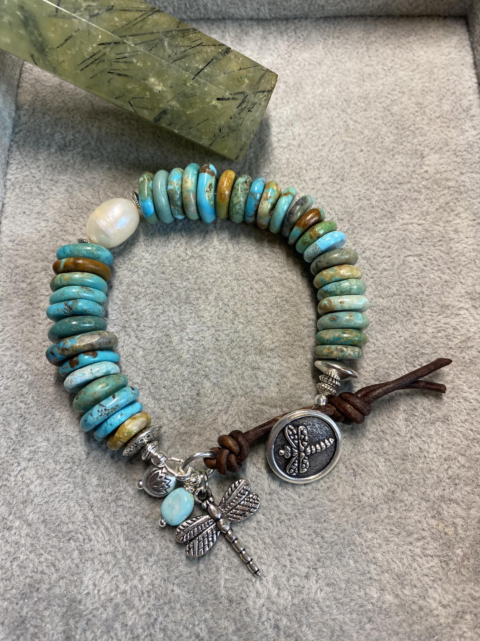 Turquoise stone, pearl, and leather with silver metal bracelet. - Andria Bieber Designs 
