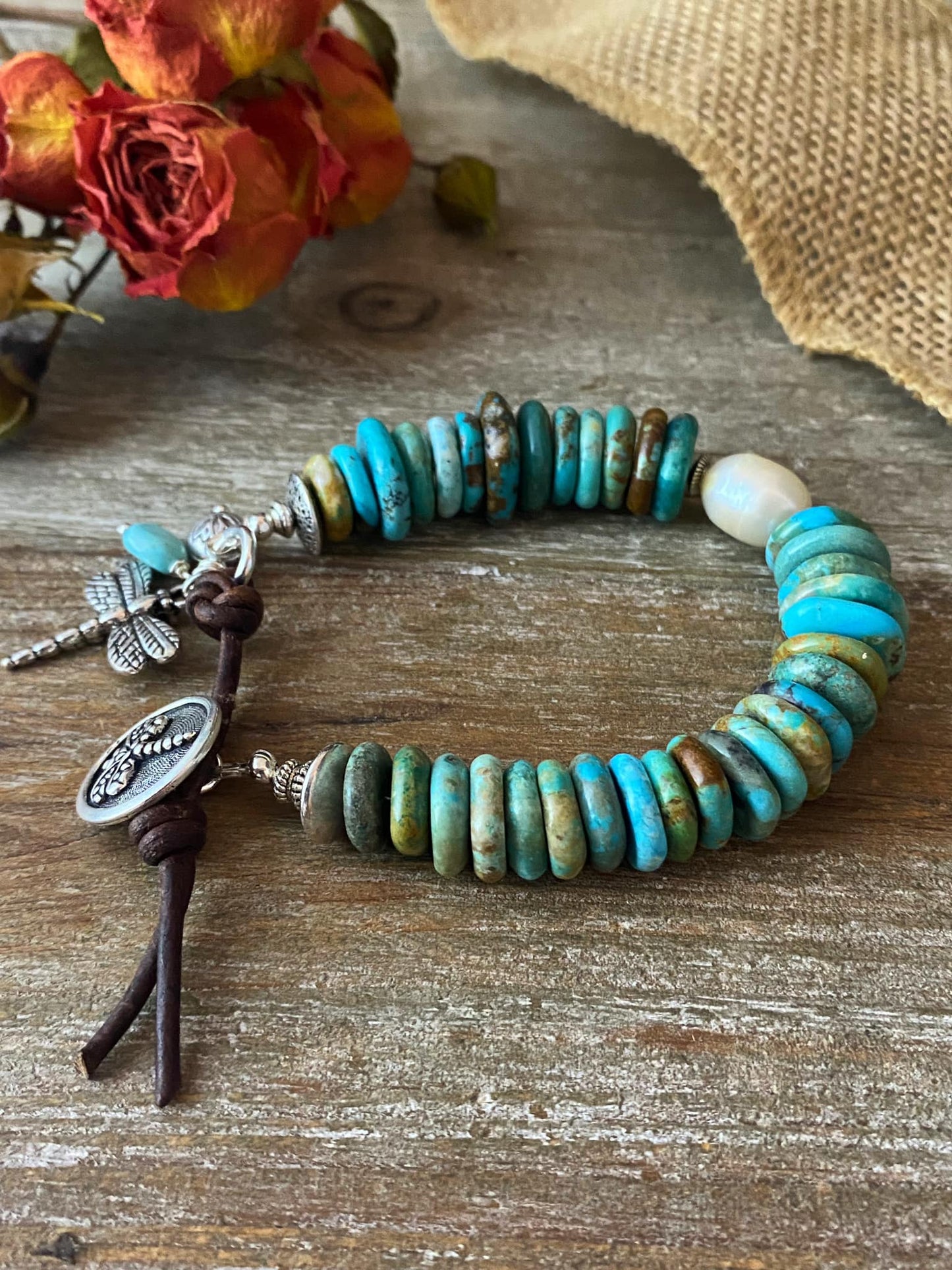 Turquoise stone, pearl, and leather with silver metal bracelet. - Andria Bieber Designs 